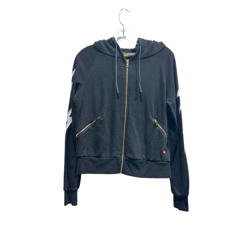 Aviator Nation Womens Charcoal Lightning Bolt Zip Up Hoodie Sweatshirt XS Black